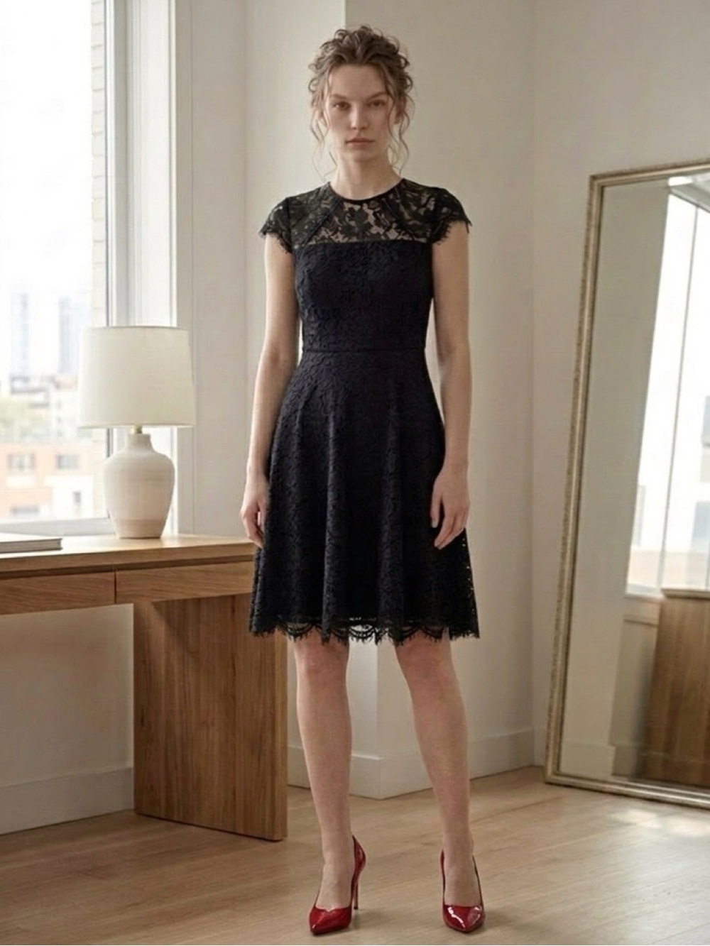 kate spade Black Lace Cap-Sleeve Fit-and-Flare open back Dress